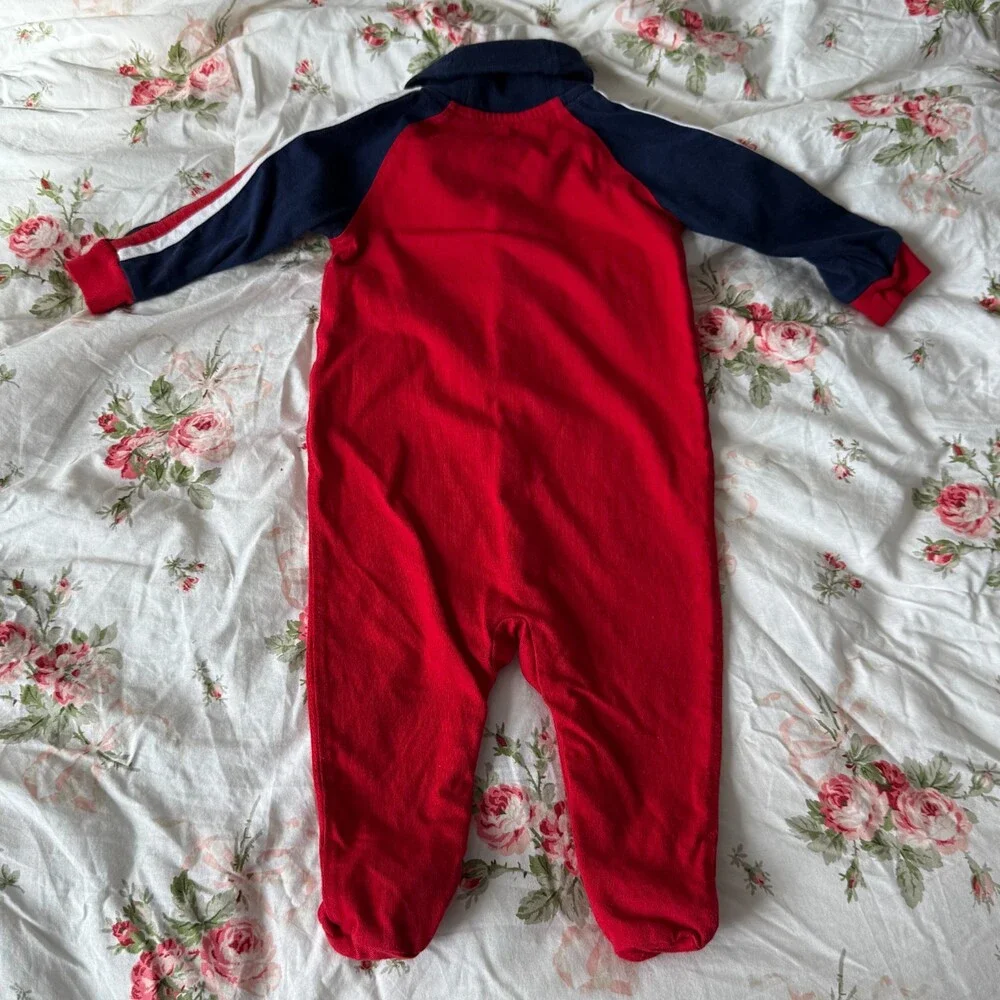 Ralph Lauren Baby Boy Shawl-Collar Cotton Coverall Bodysuit Red Blue 6M Pony